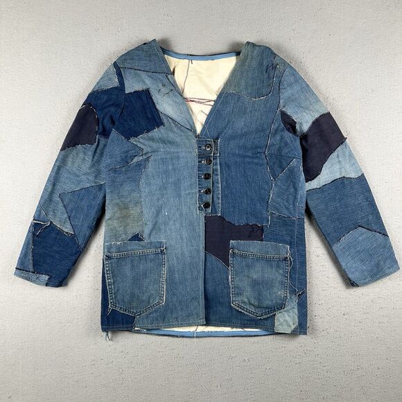 Vintage 70s Patchwork Jacket Small Medium Blue Denim Custom Handmade Lined - Picture 1 of 16